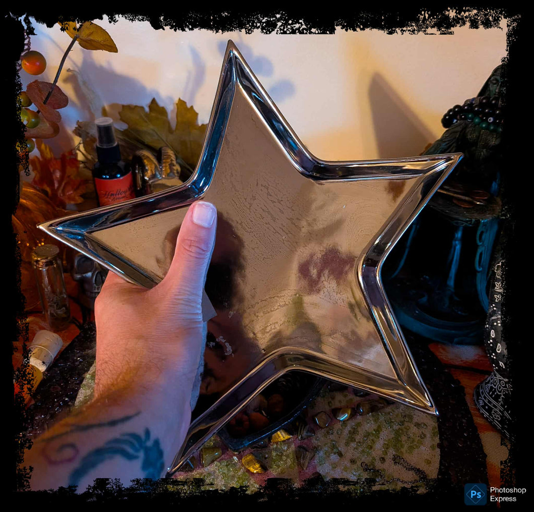 Celestial Star Altar Plate or Candle Holder, Silver