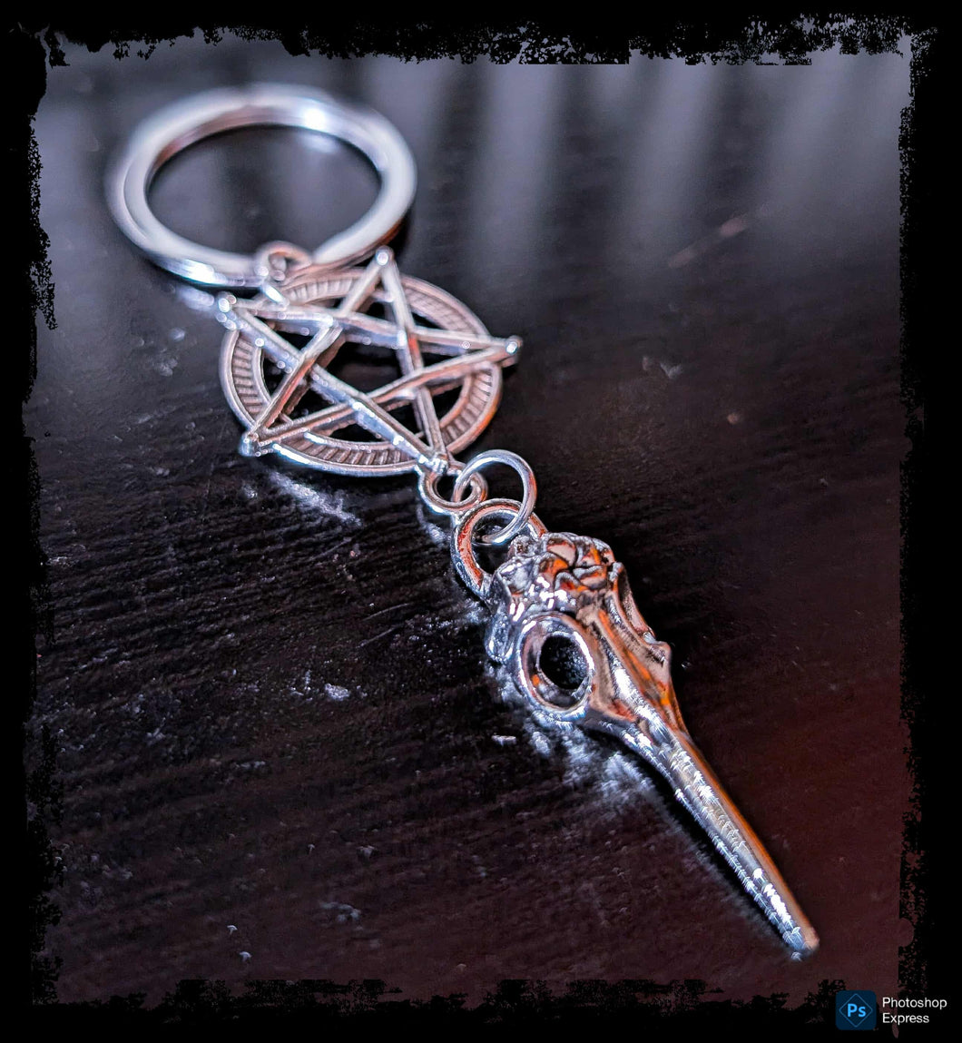Pentacle & Raven Skull Keychain