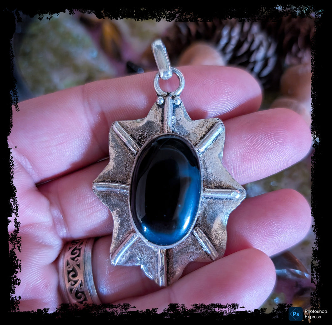 Black Agate Pendant, Set in .925 Silver